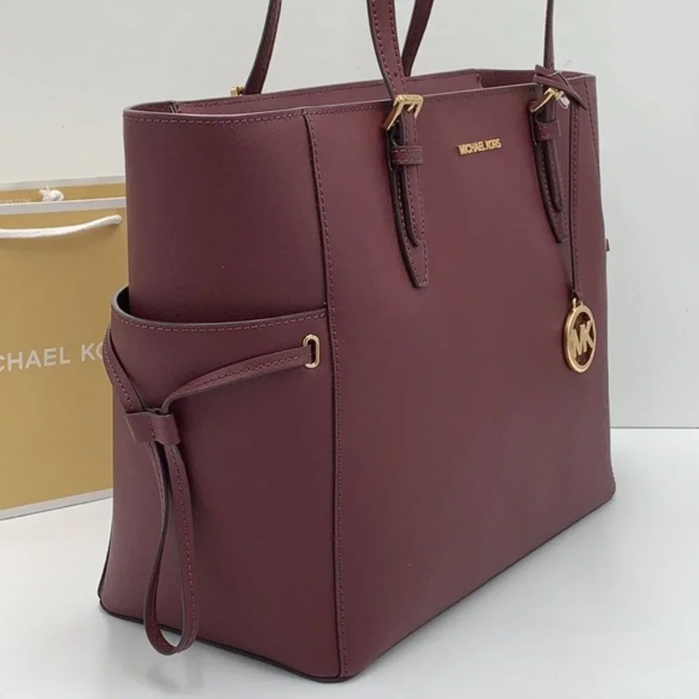 Michael Kors Gilly Large Drawstring Travel Tote Leather Oxblood Color - Picture 13 of 16